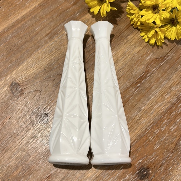 Two Vintage White Milk Glass Bud Vase. 9” - Picture 5 of 16